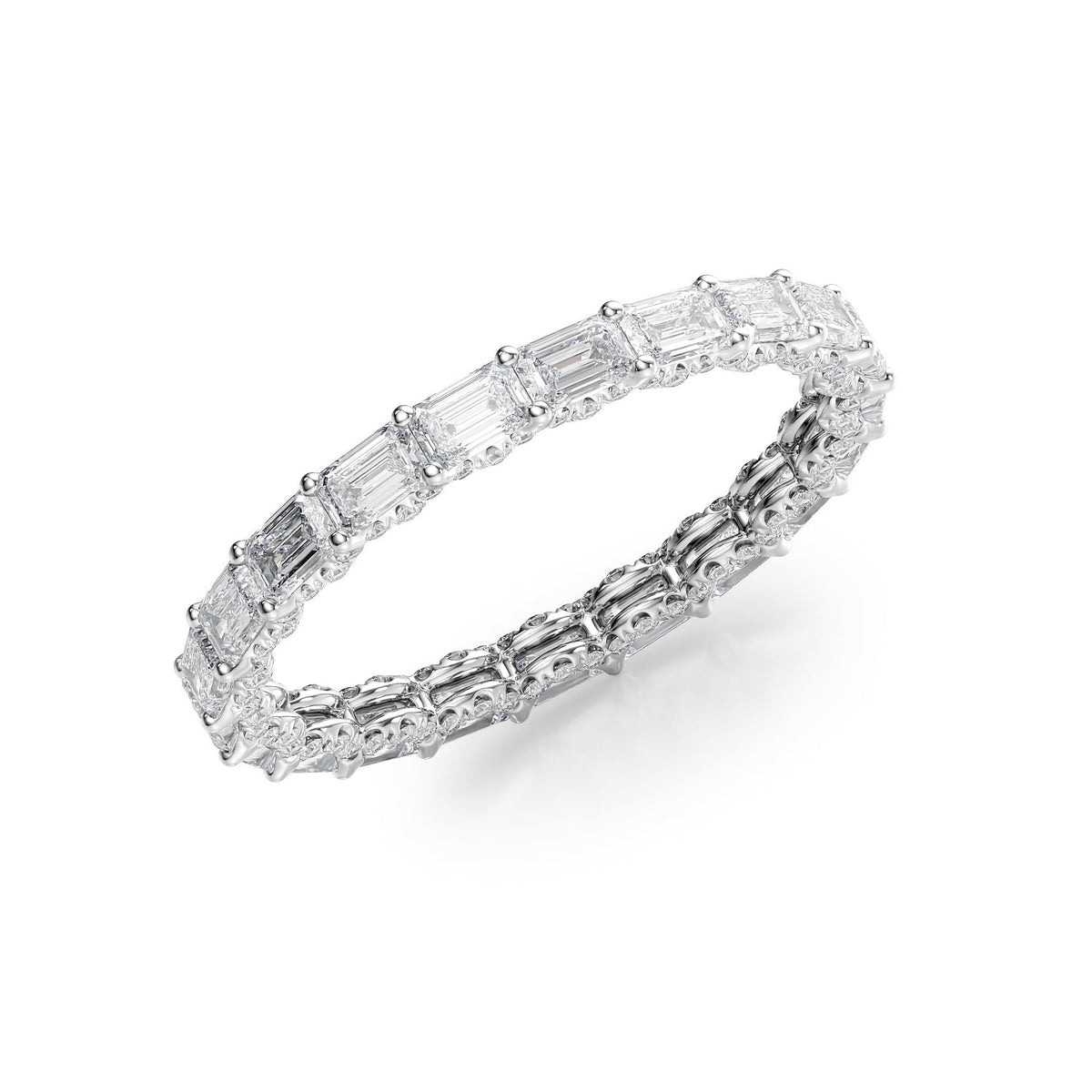 East West Emerald Diamond U Pave Prong Eternity Ring