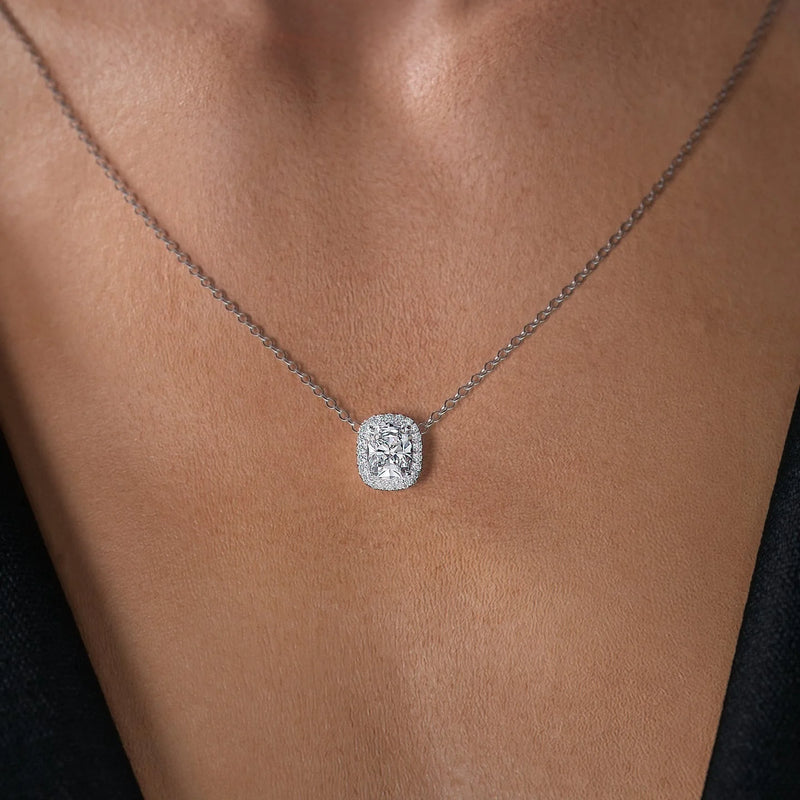 Elongated Cushion Diamond Halo Set Necklace