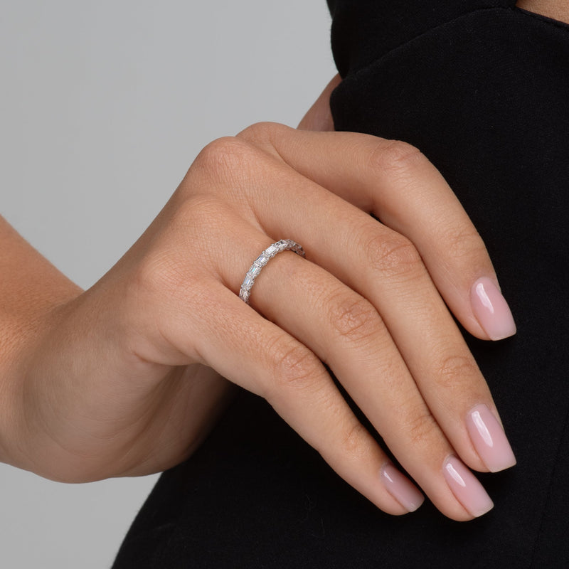 East West Emerald Diamond U Pave Prong Eternity Ring