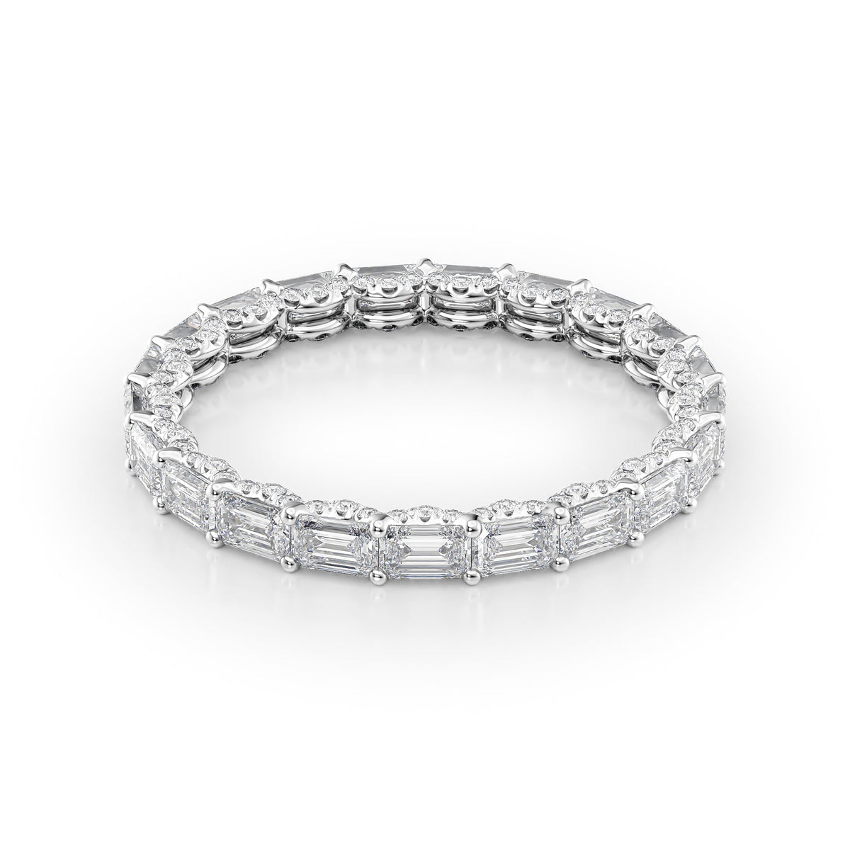 East West Emerald Diamond U Pave Prong Eternity Ring